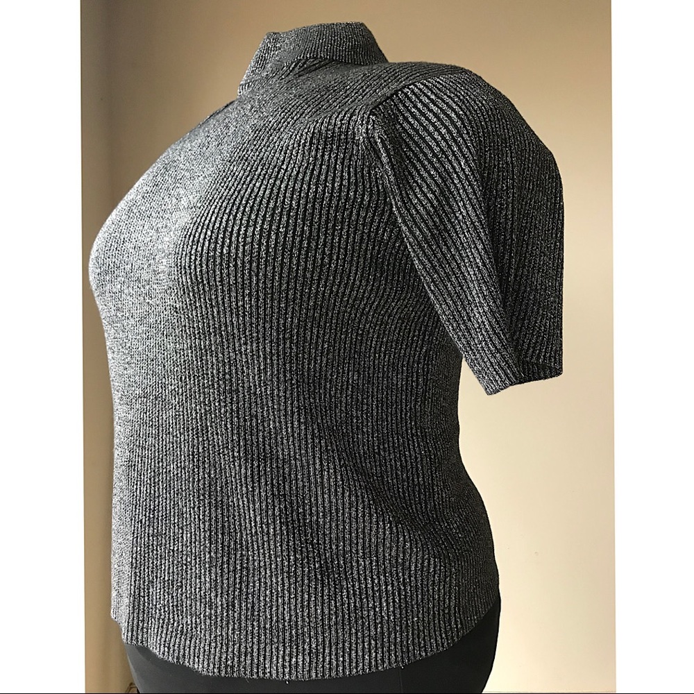 Silver metallic ribbed black short sleeve knit top